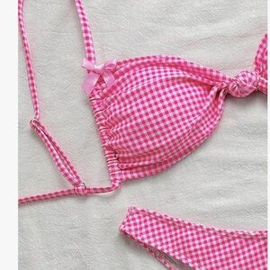 Pink white bow gingham bikini retro Dollbaby pinup milkmaid country bumpkin sexy